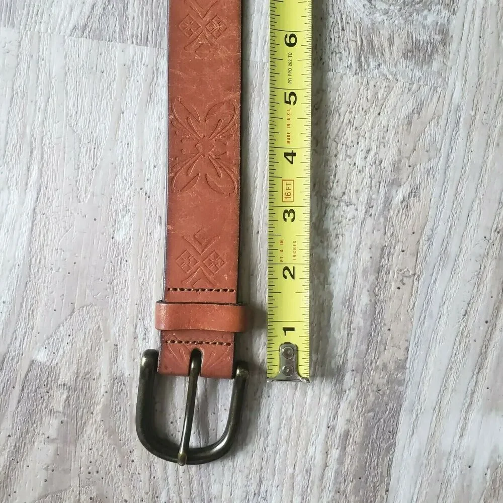 Dockers Tooled Brown Embossed Genuine Leather Hippie Design‎ Belt Boho XL (41